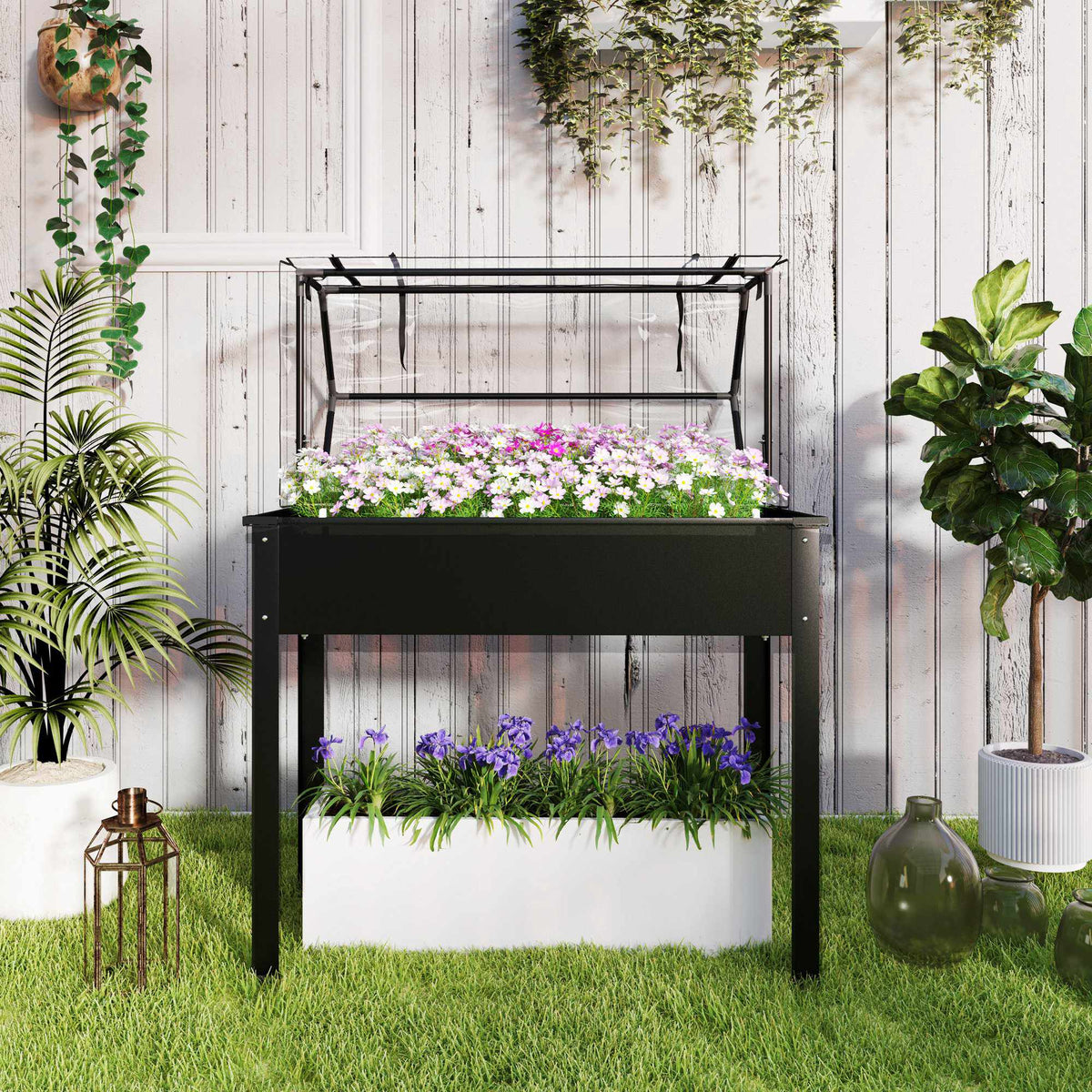 Høybed med drivhustak, 100 x 48 x 124 cm, svart