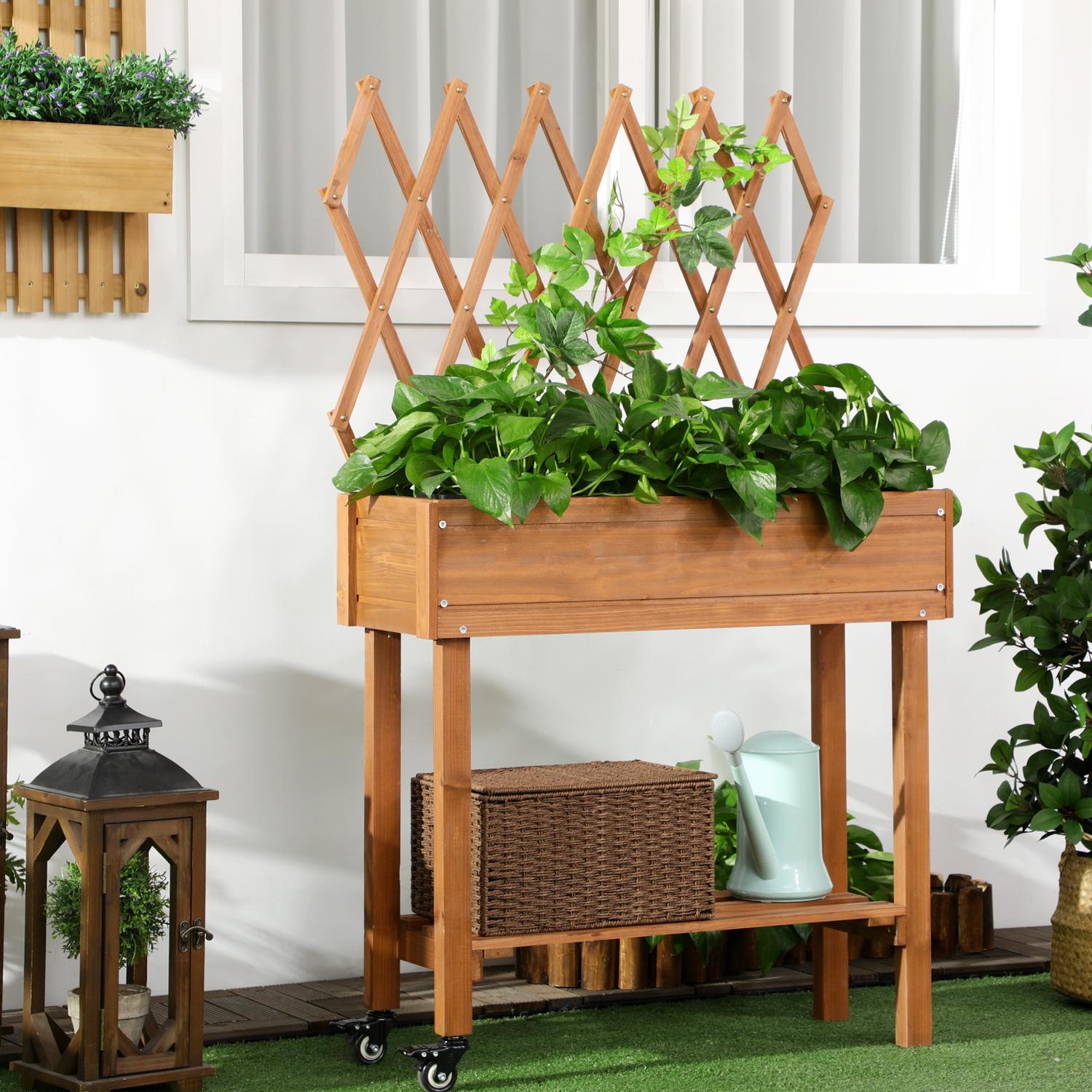 Upphöjd trädgårdssäng med spaljé och hjul, massivt trä