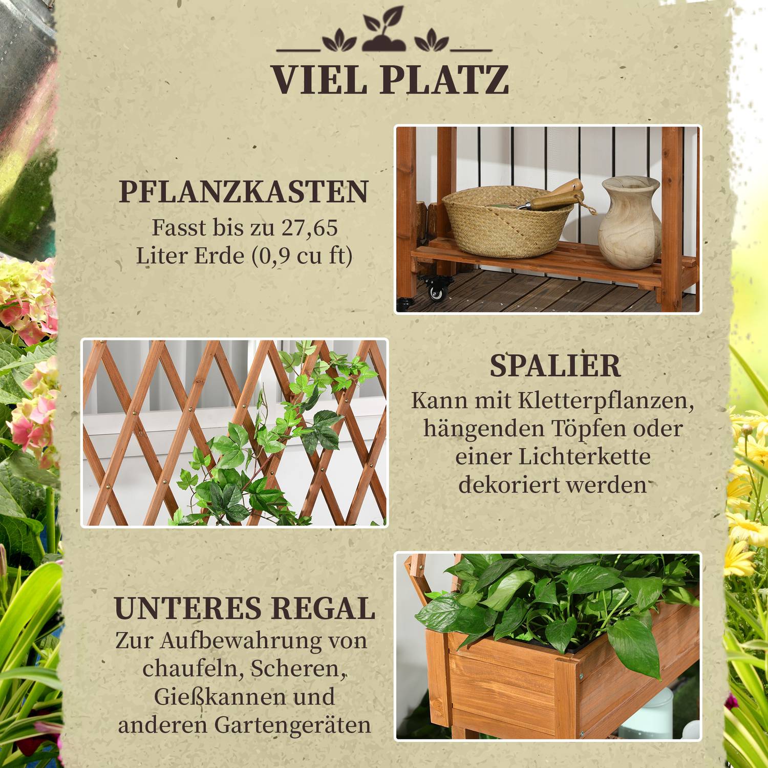 Upphöjd trädgårdssäng med spaljé och hjul, massivt trä