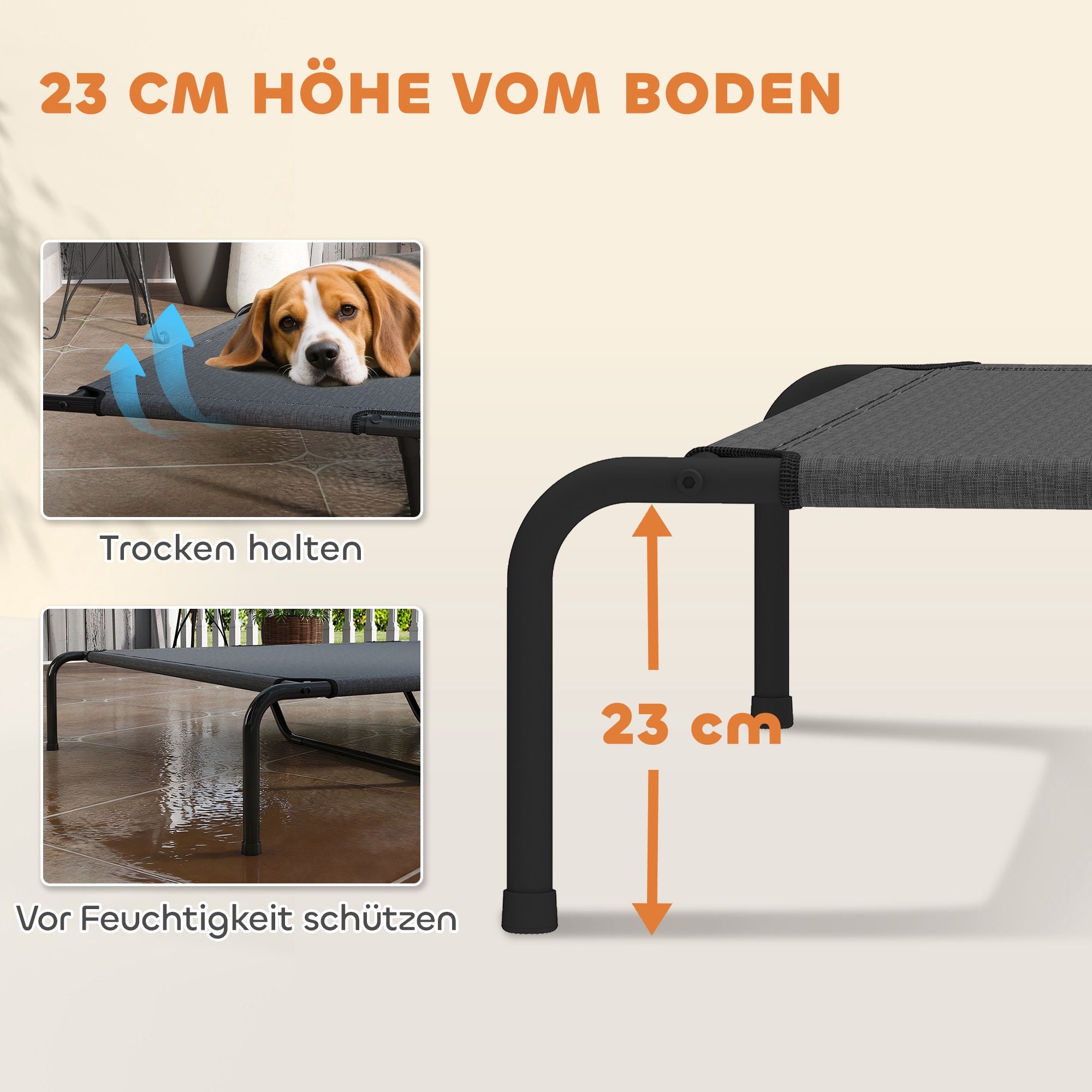 Upphöjd utomhushundbädd, stor, ventilerande nät, 23 cm hög