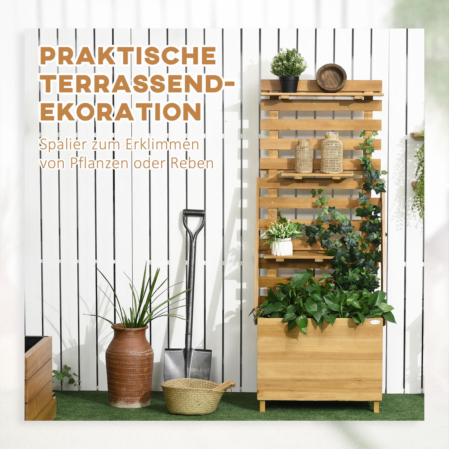 Upphöjd växtbädd i trä med spaljé och 3 hyllor, brun