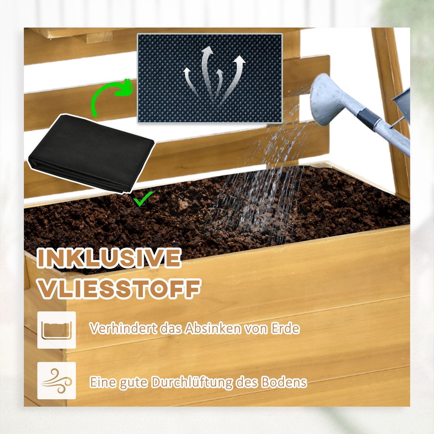 Upphöjd växtbädd i trä med spaljé och 3 hyllor, brun