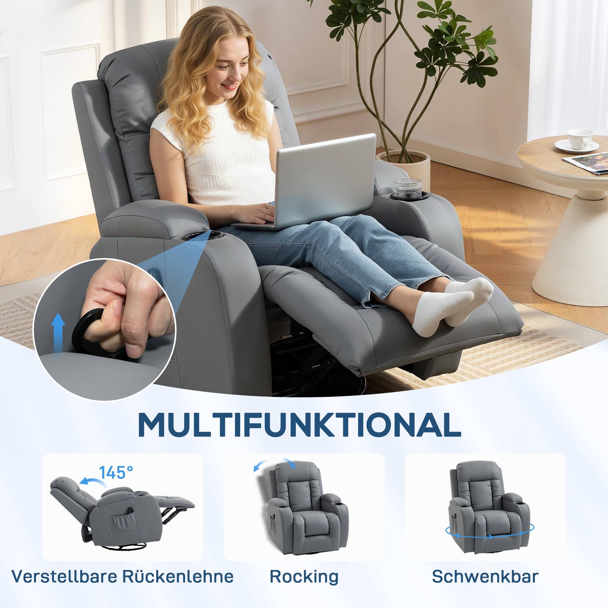 Uppvärmd massagefåtölj med vrid- och gungfunktion