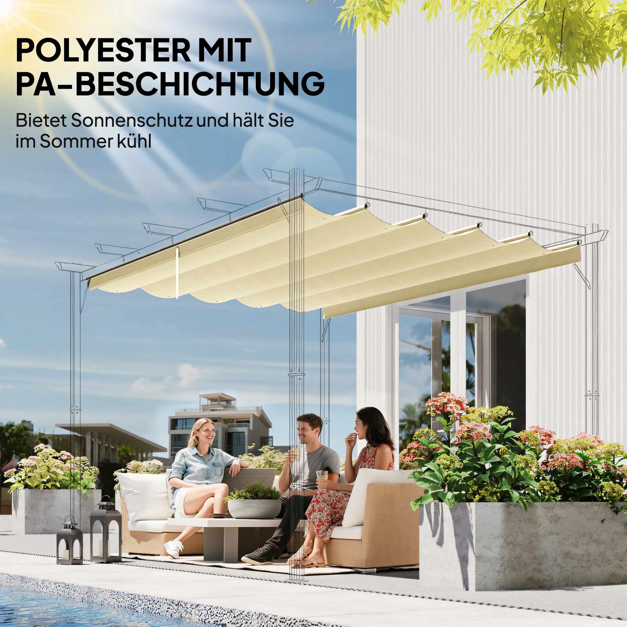 Utdragbar pergolatak 3x3m, krämfärgad, polyester