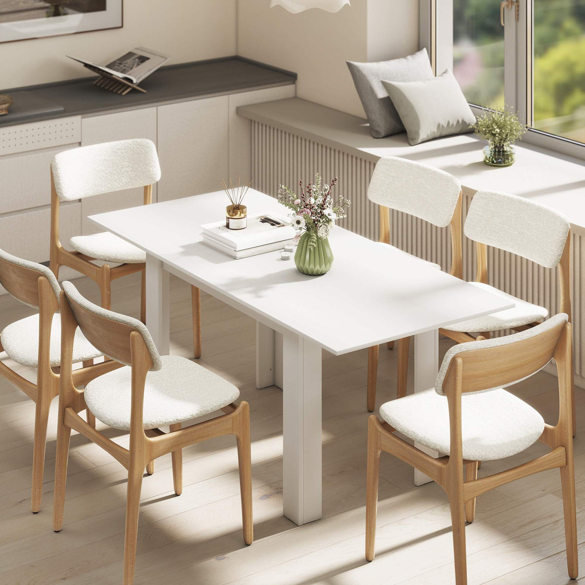 Uttrekkbart spisebord, 140–180 x 80 cm, hvitt