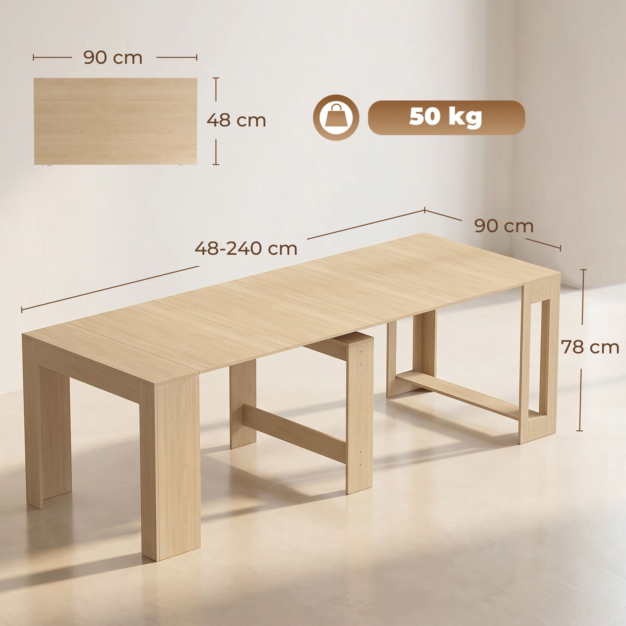 Utdragbart matbord, 48–240 cm, Plats för 10, Ljusbrun