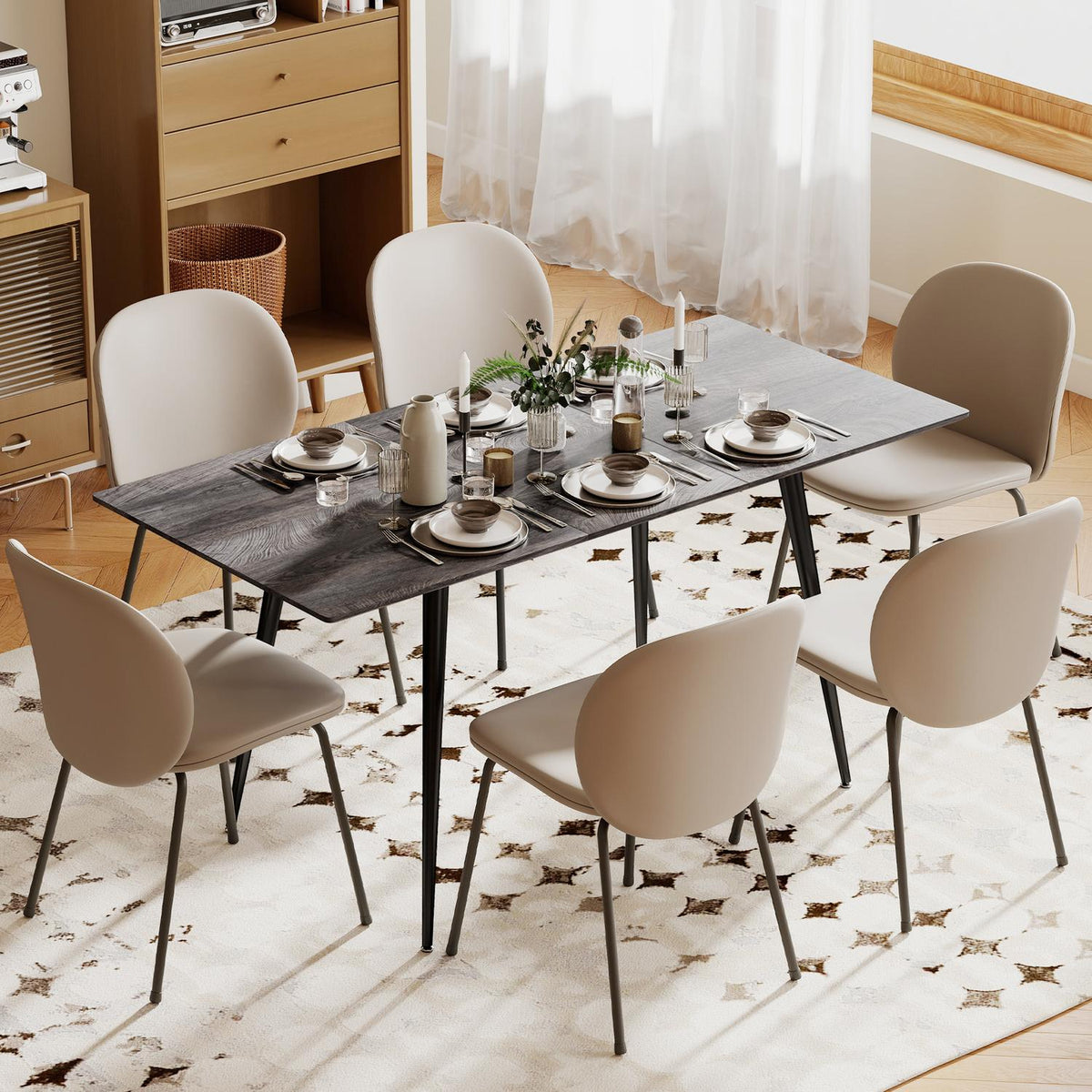 Utdragbart matbord för 6–8 personer, stålben, MDF-skiva