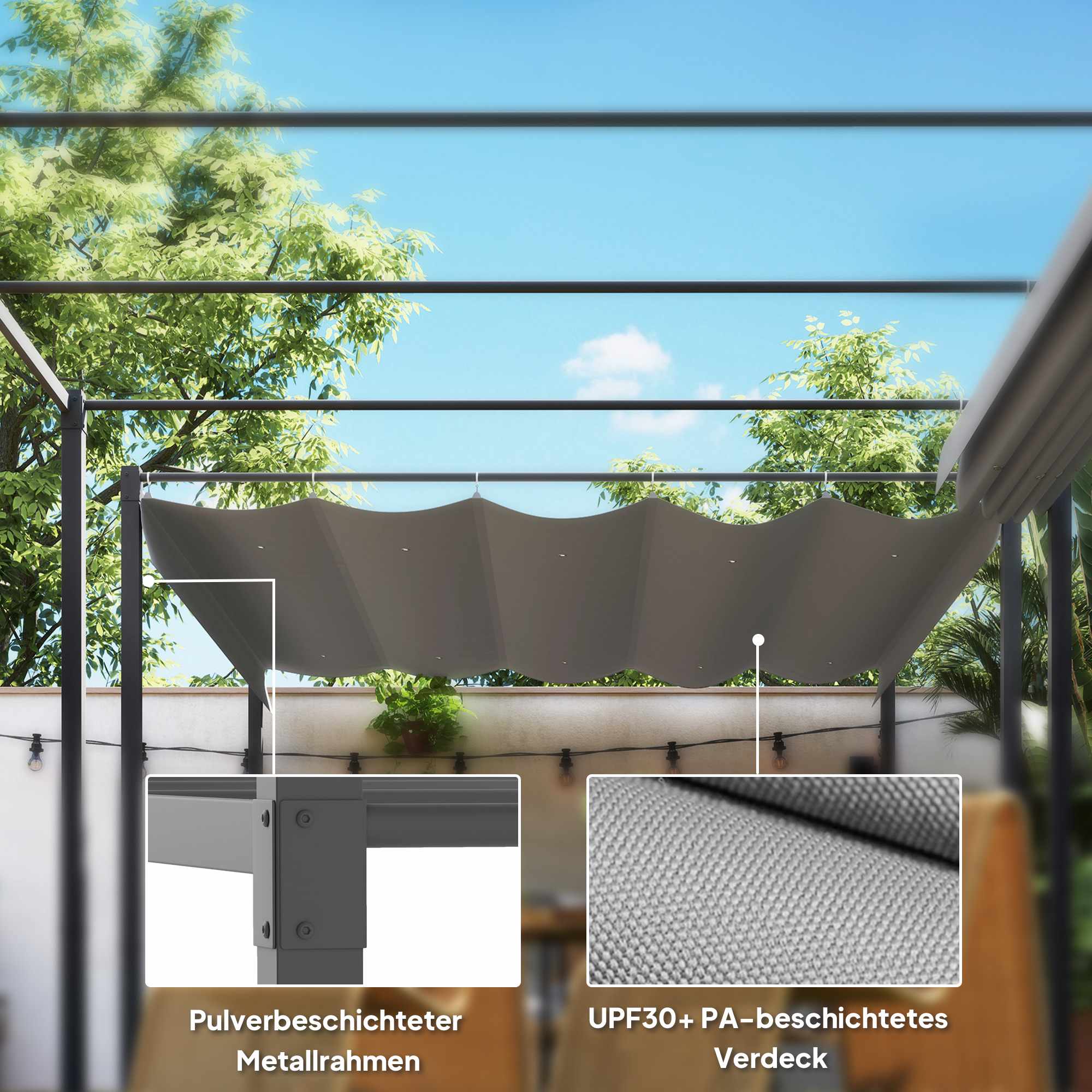 Utdragbar trädgårdspergola med tak, 3x3m, grå