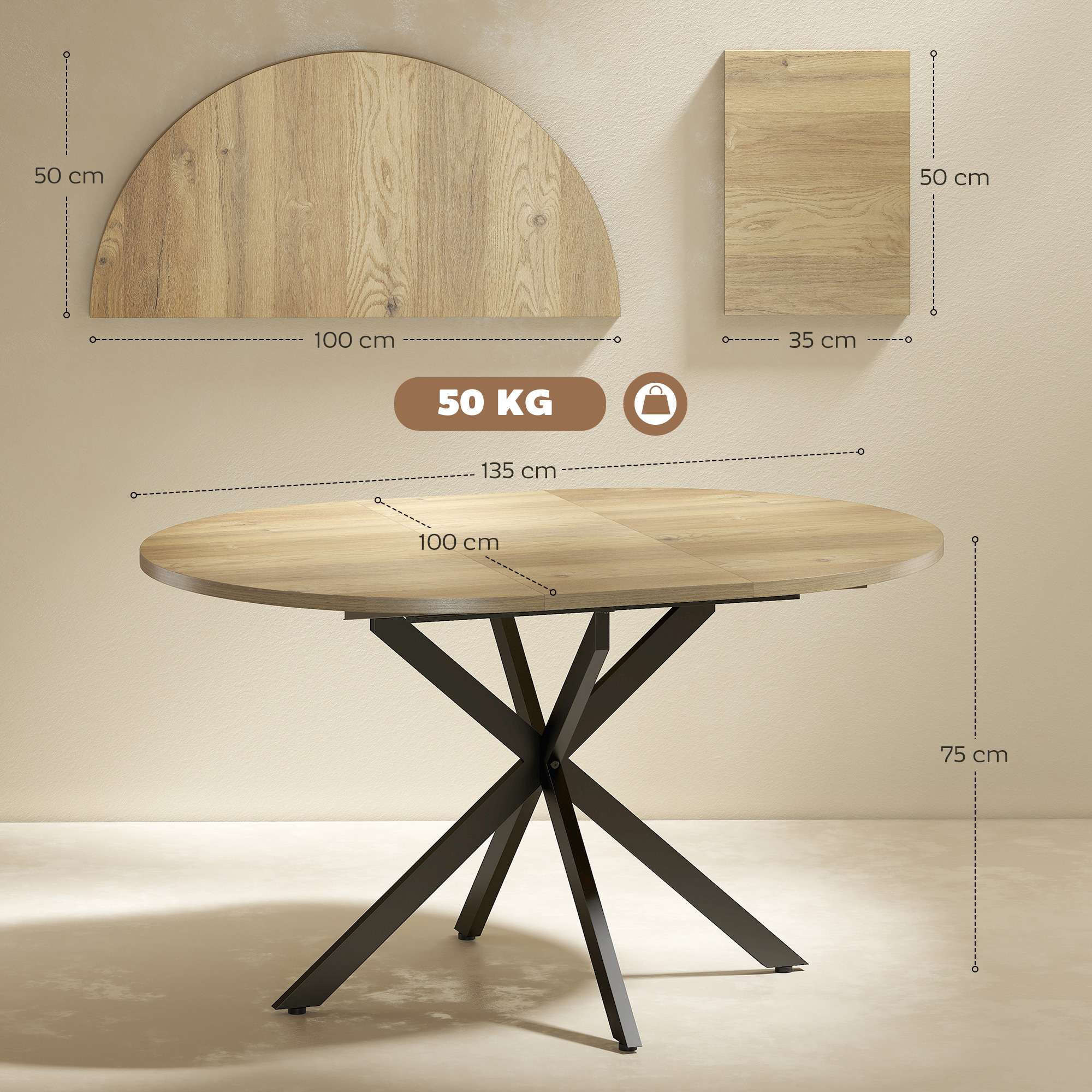 Utdragbart runt matbord för 4-6 personer, 100-135 cm, träfinish