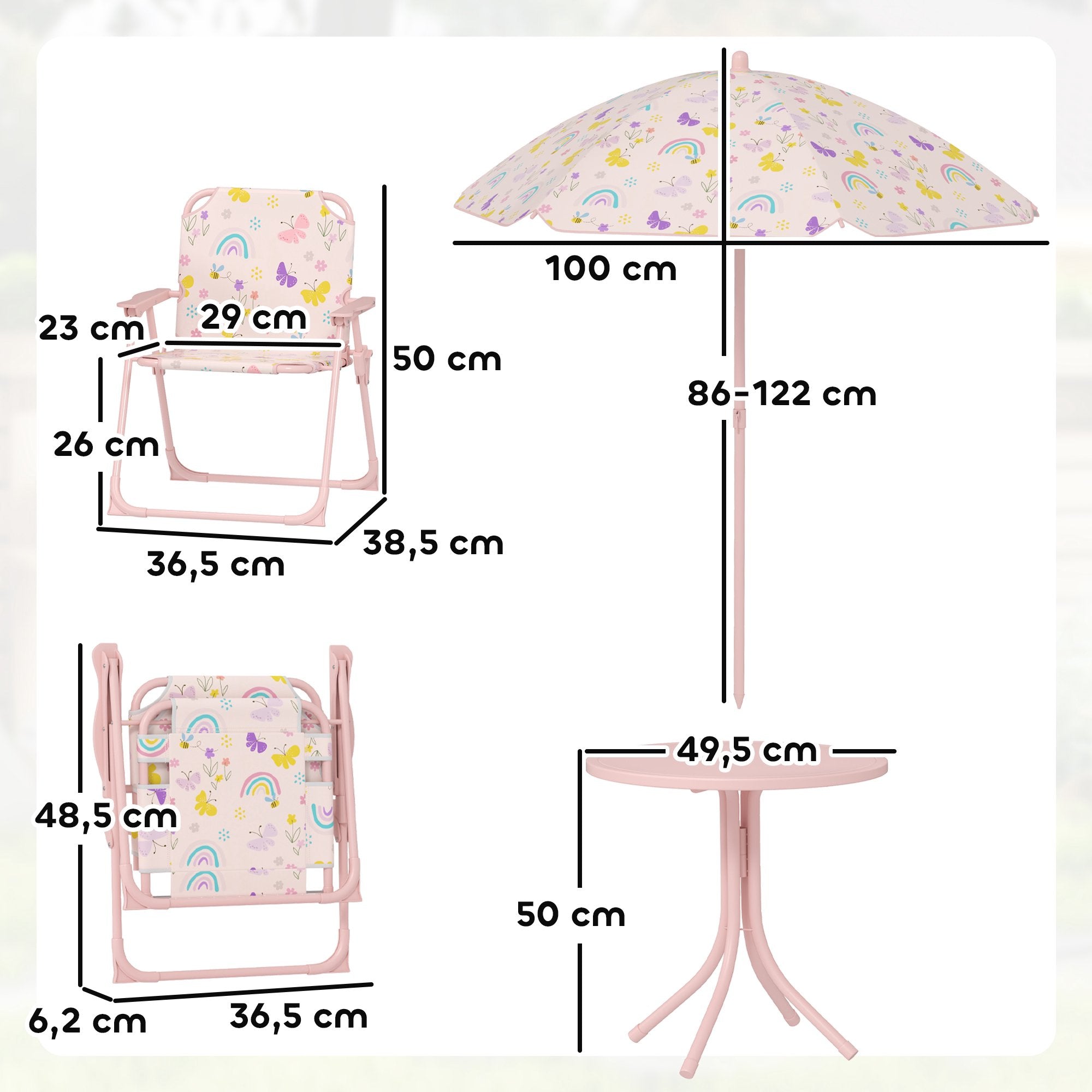 Utemöbelset för barn med parasoll – rosa, hopfällbart