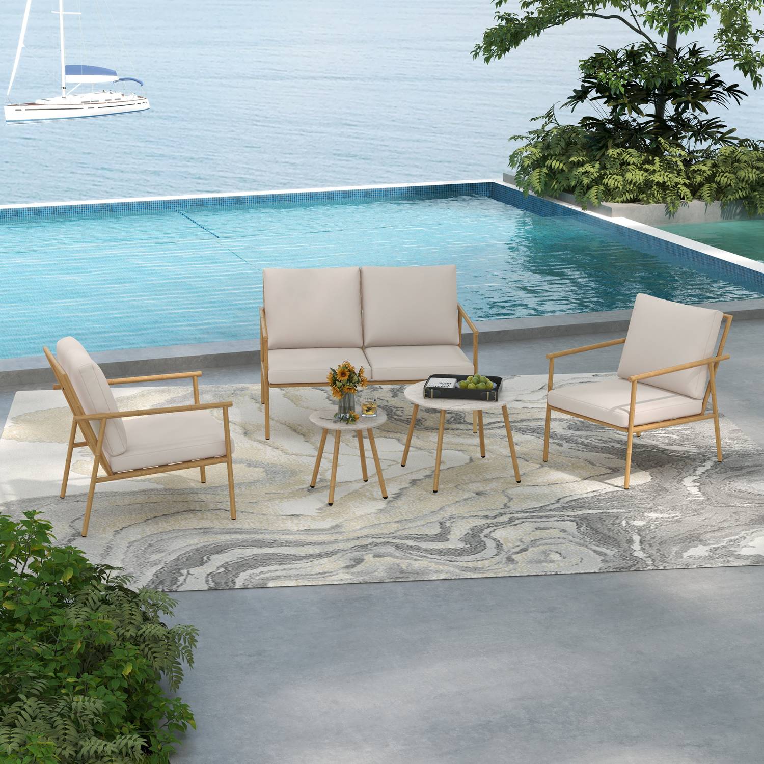 Utemöbler set – 2 stolar, soffa och bord, krämkuddar