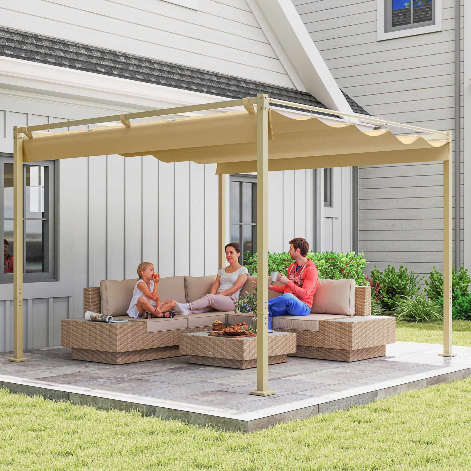 Utfällbar trädgårdspergola, 3x3m, kaki, UPF30+ tak