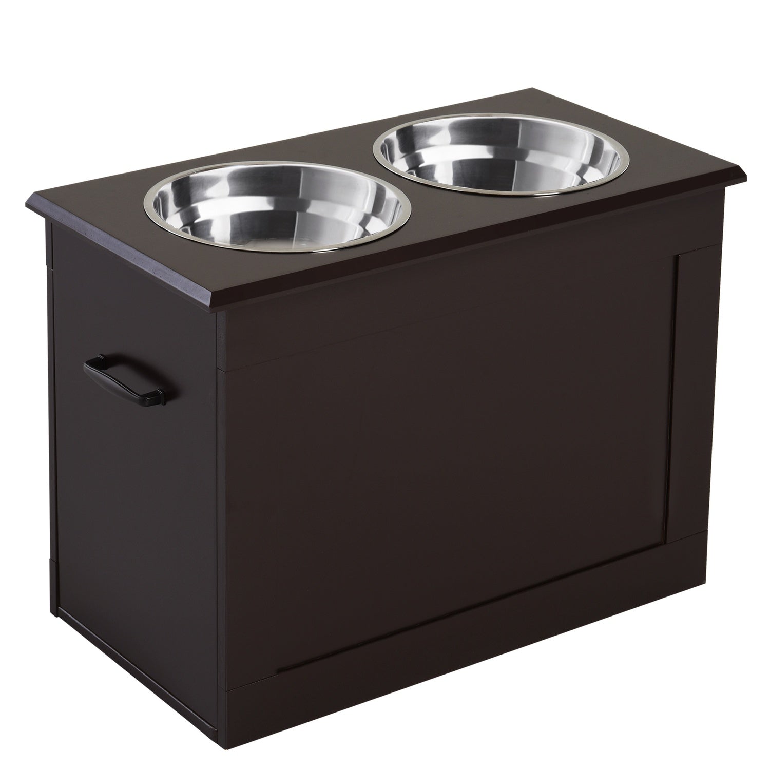 Utfodringsstation för husdjur, dubbla skålar i rostfritt stål, MDF Espresso Finish