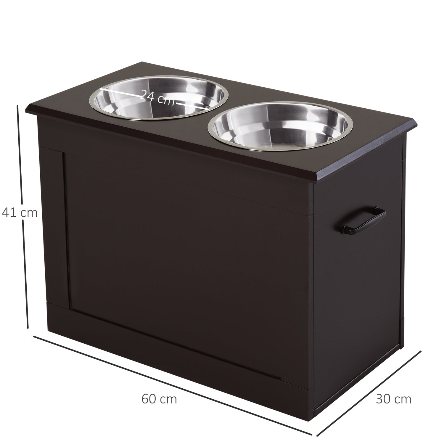 Utfodringsstation för husdjur, dubbla skålar i rostfritt stål, MDF Espresso Finish