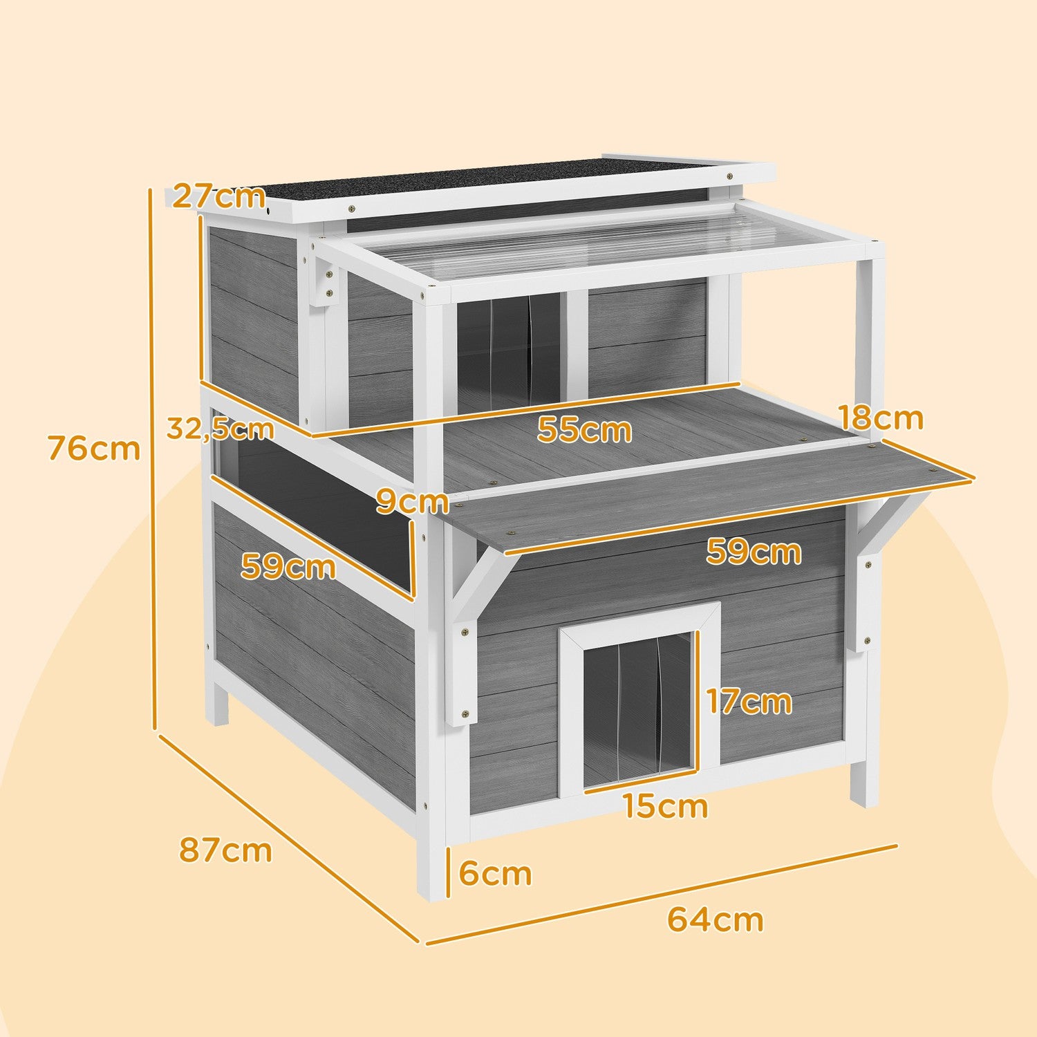 Utomhus Gran Wood Cat House med balkong, 64 x 87 x 76 cm