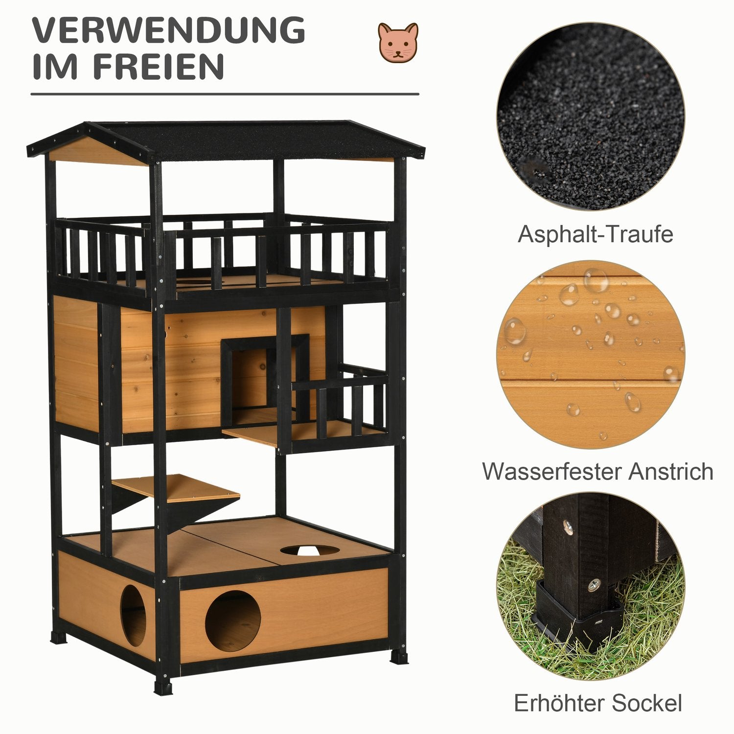 Utomhus Vintertät Gran Wood Cat House – 4 nivåer & trappor