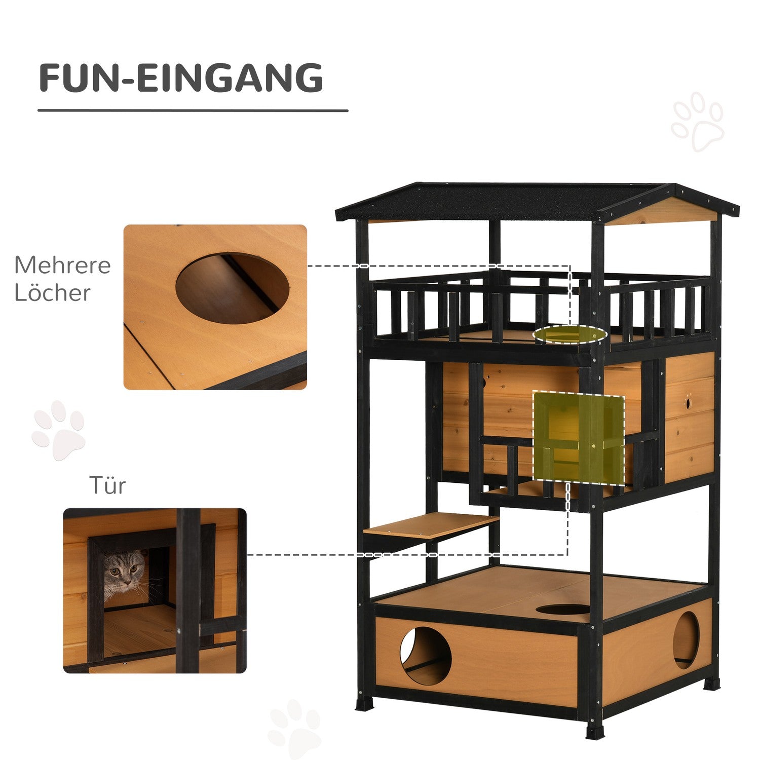 Utomhus Vintertät Gran Wood Cat House – 4 nivåer & trappor