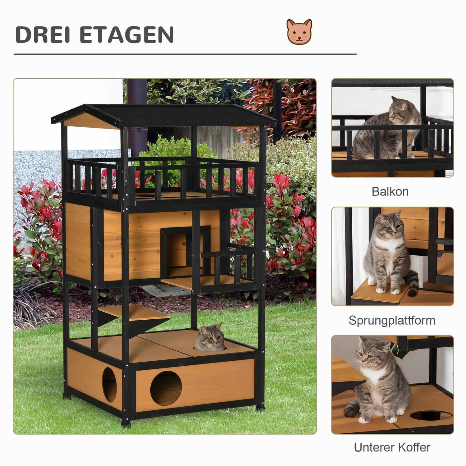 Utomhus Vintertät Gran Wood Cat House – 4 nivåer & trappor
