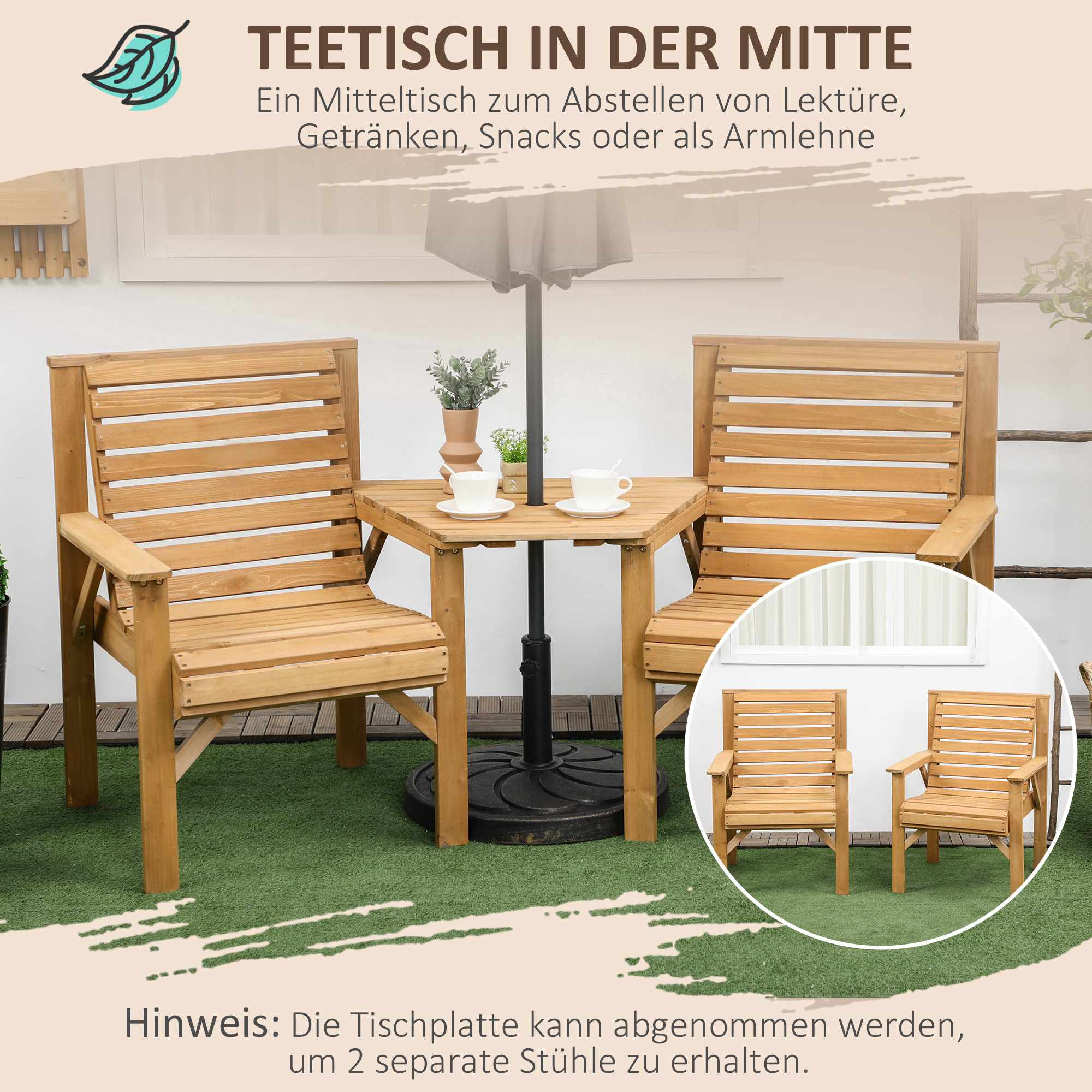 Utomhus balkongmöbler – 2-sits med bord, furu