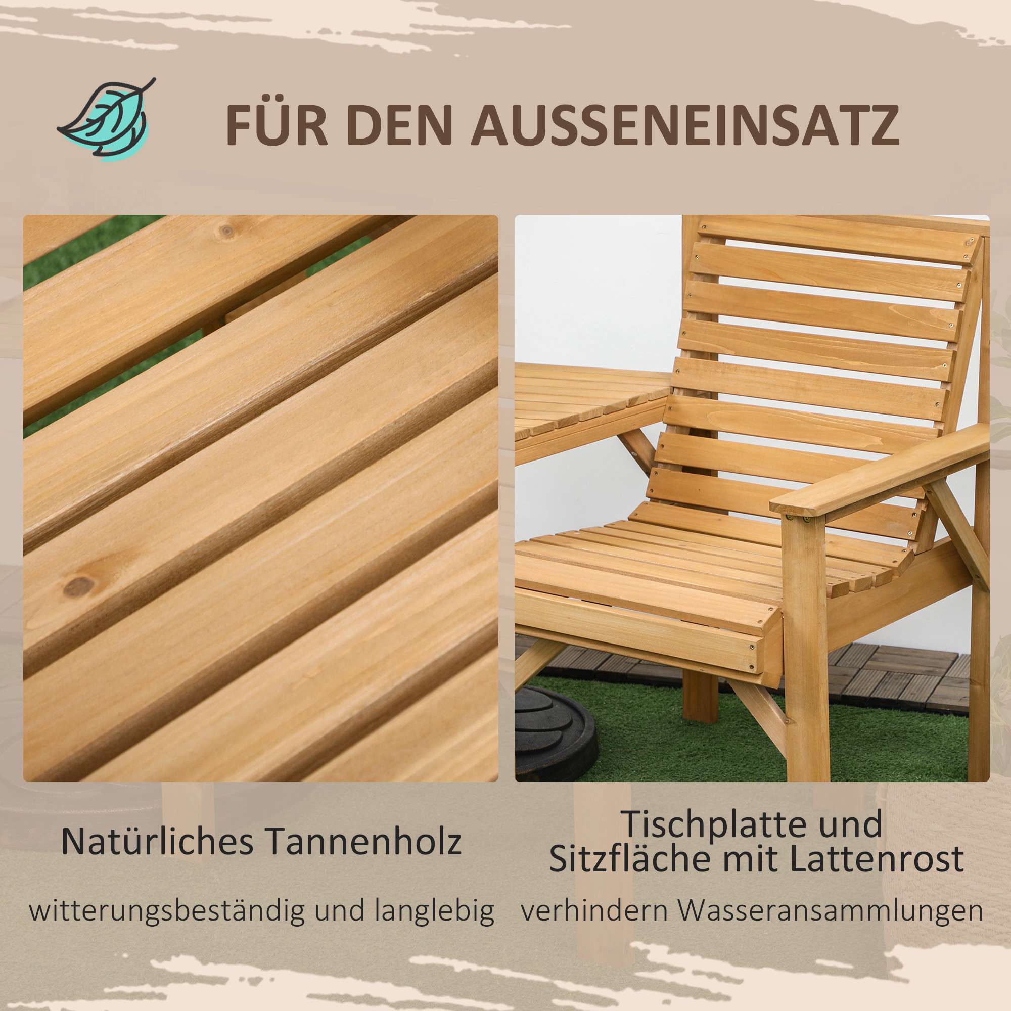 Utomhus balkongmöbler – 2-sits med bord, furu