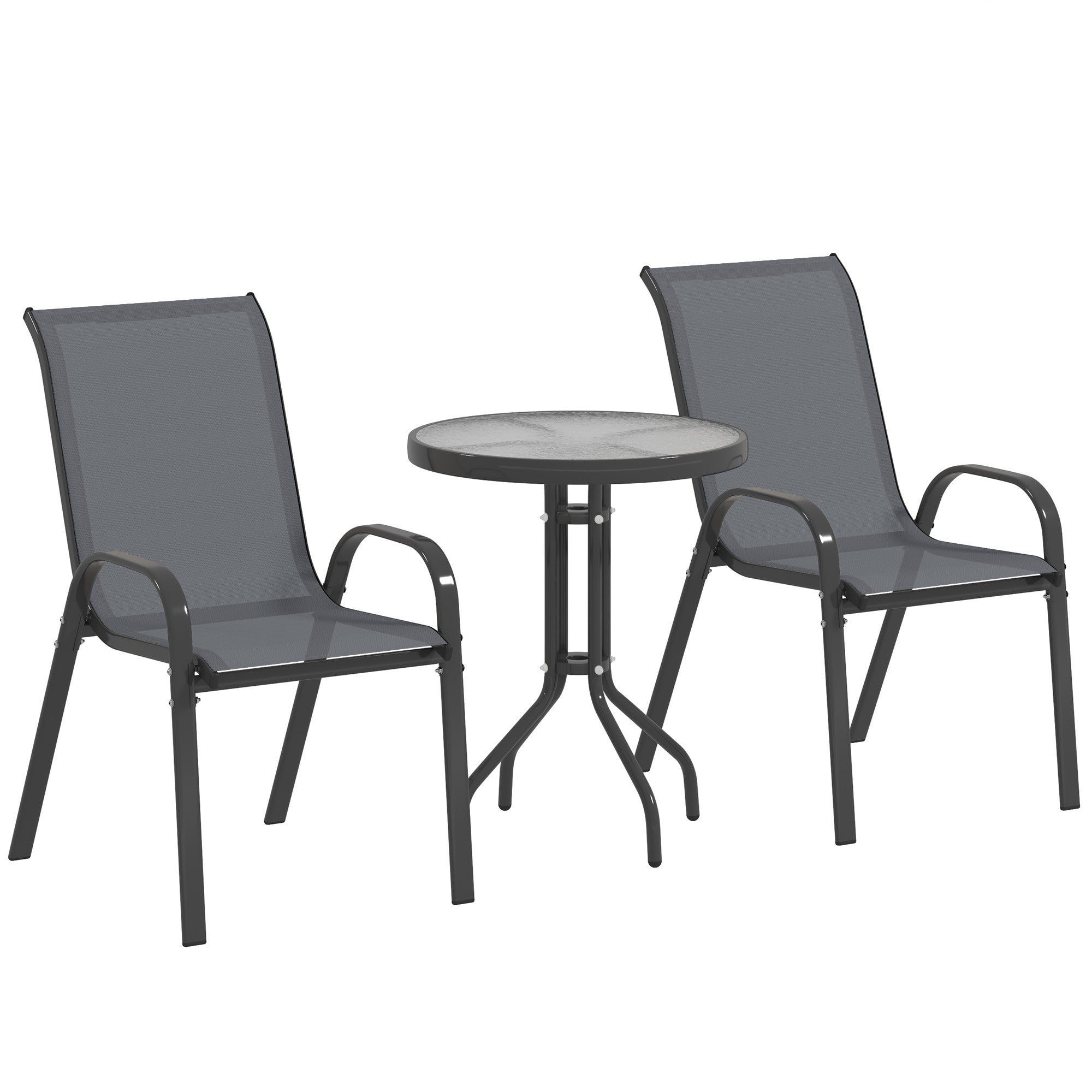Utomhus bistroset – 3 delar, stapelbara stolar, glasbord