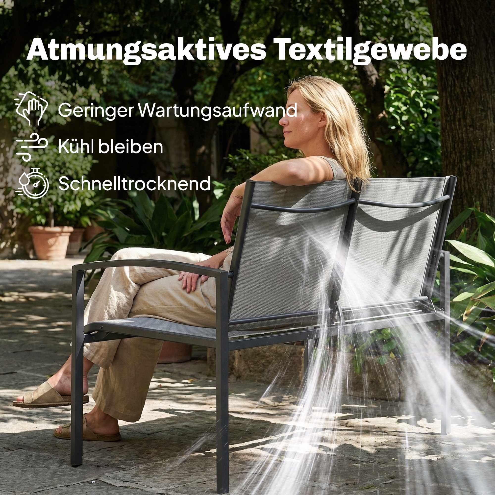 Utomhusbänk i metall, 2-sits, ventilerande tyg, grå