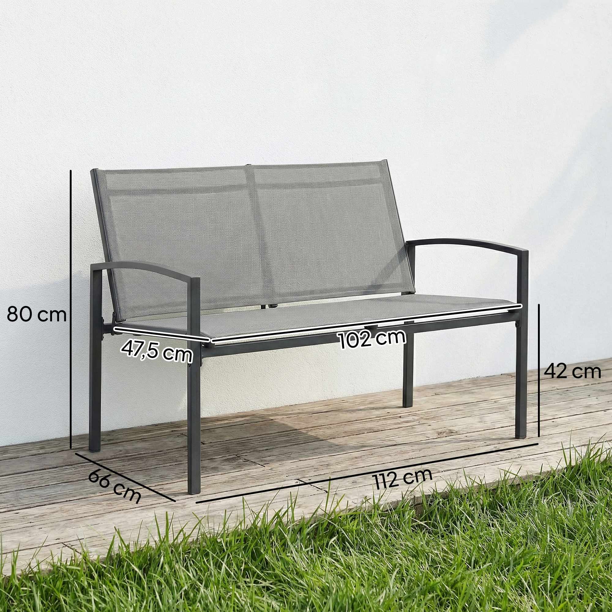 Utomhusbänk i metall, 2-sits, ventilerande tyg, grå