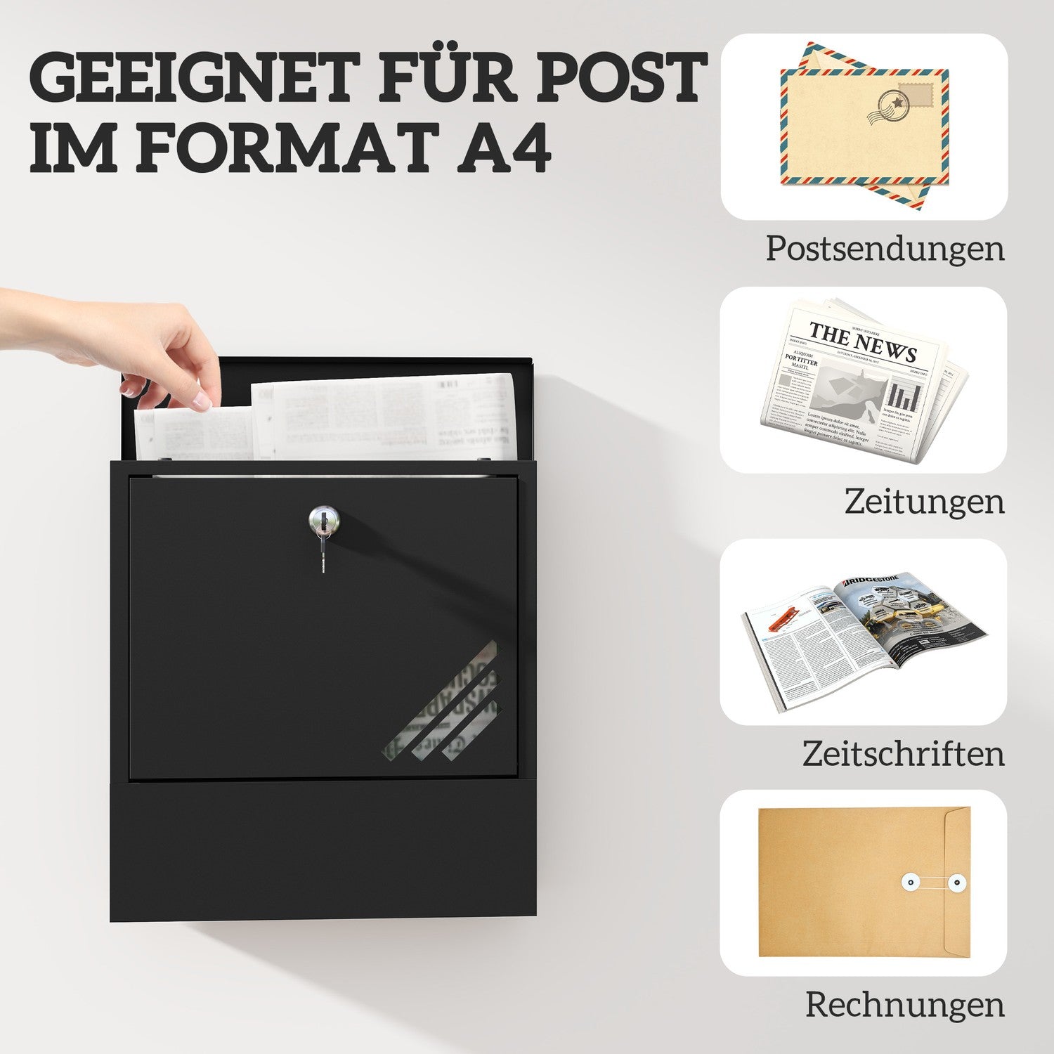 Utomhusbrevlåda i metall med lås, mörkgrå, 30x8,5x32,5 cm