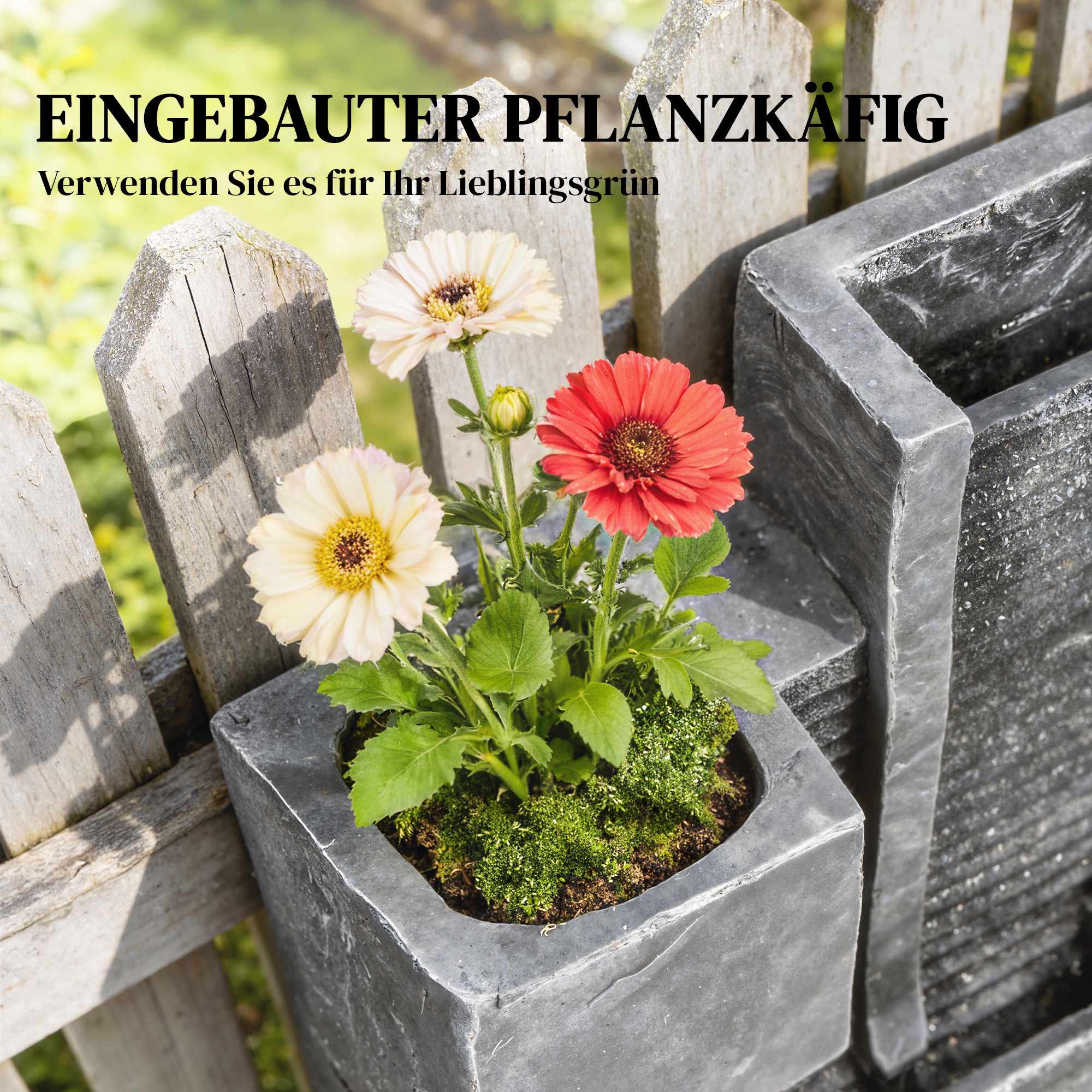 Utomhusfontän i harts med plantering och LED-lampor