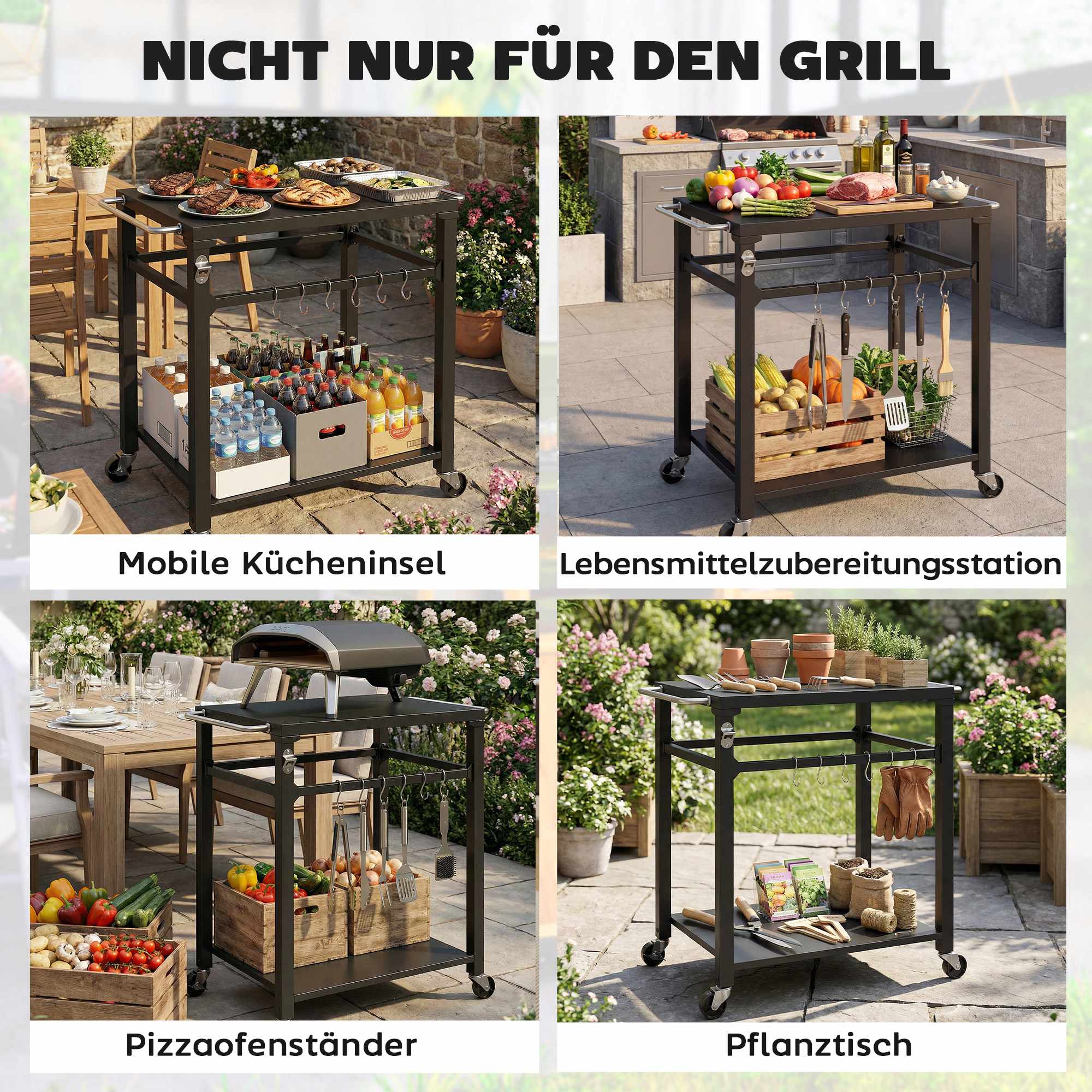 Utomhusgrillvagn med förvaring, metallyta, svart