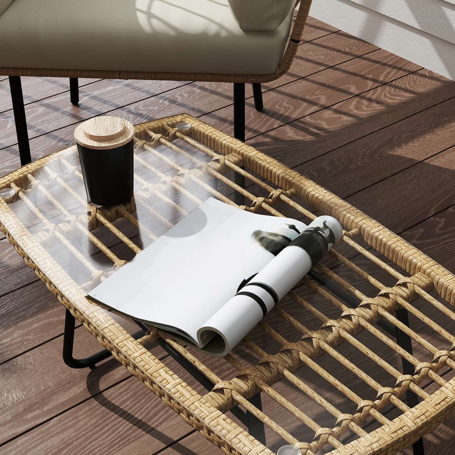 Utomhus polyrattan sidobord, UV-beständig, glasskiva