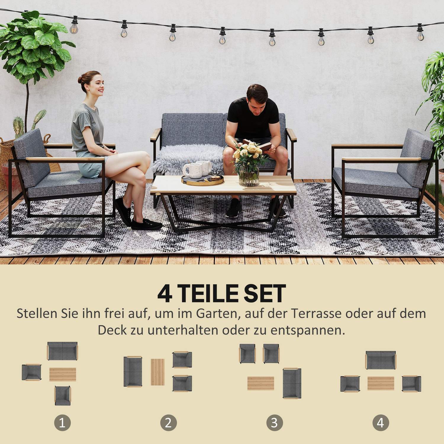 Utomhus trädgårdsmöbler set för 4, väderbeständig med kuddar