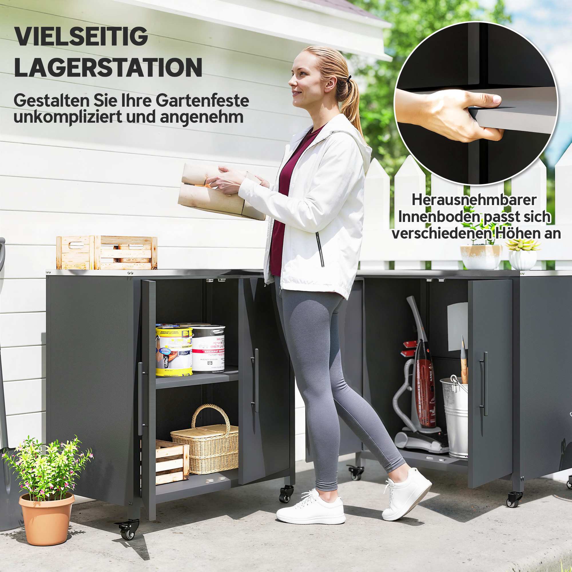Utomhus trädgårdsskåp med rostfri topp, mobil