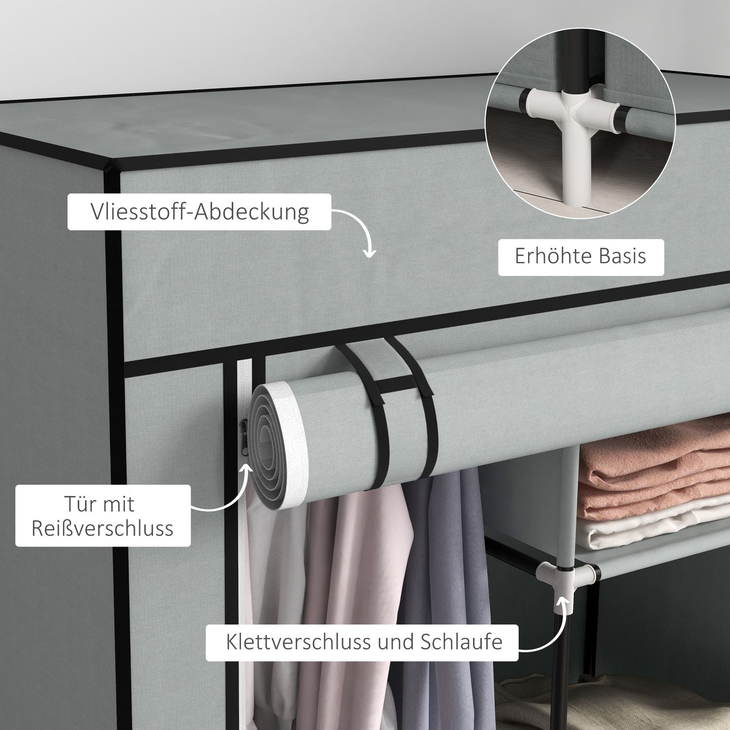 Utrymmesbesparande tyggarderob, 5 fack & skena, ljusgrå