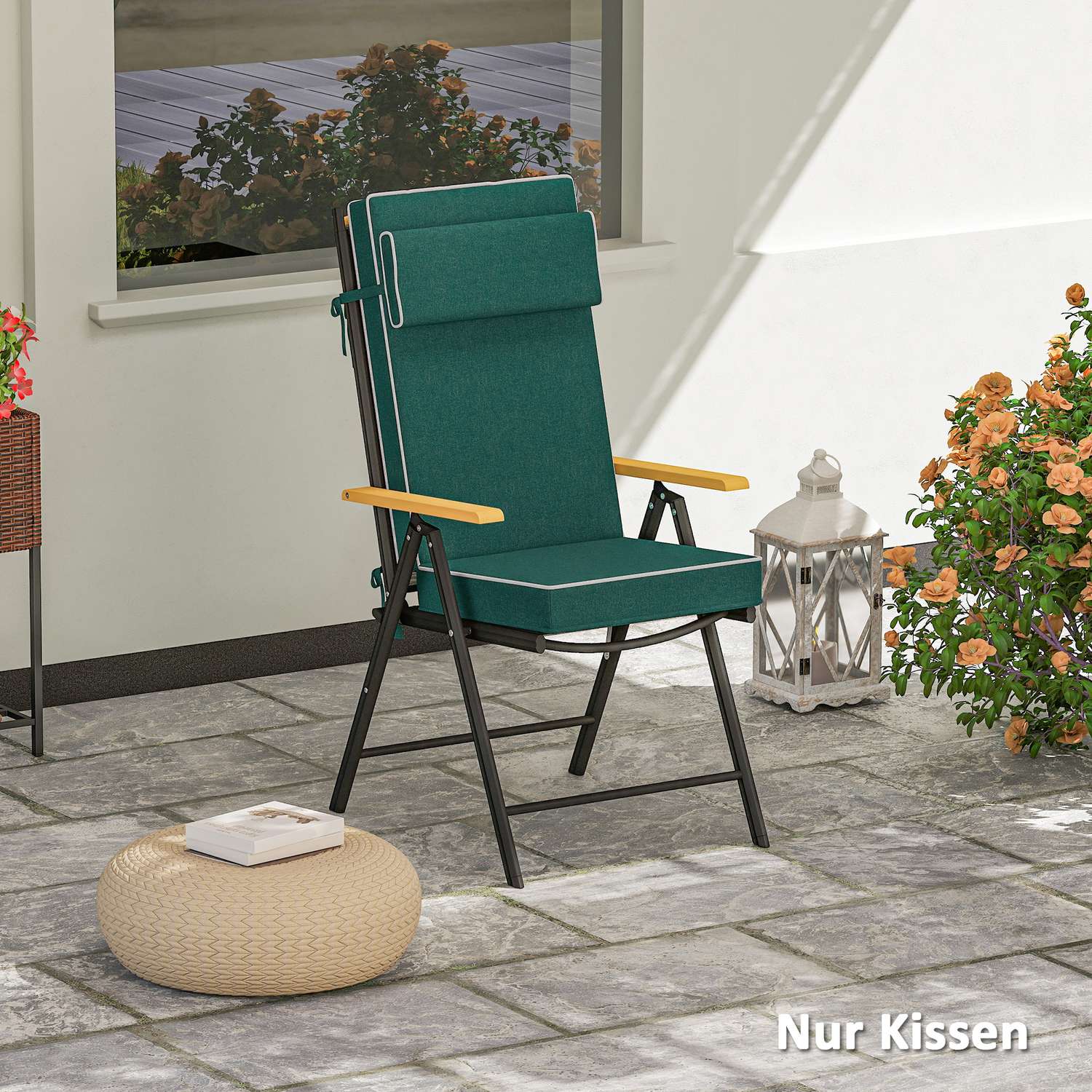 Vattenavvisande grön sittdyna med knytband – 120x47x9,5 cm