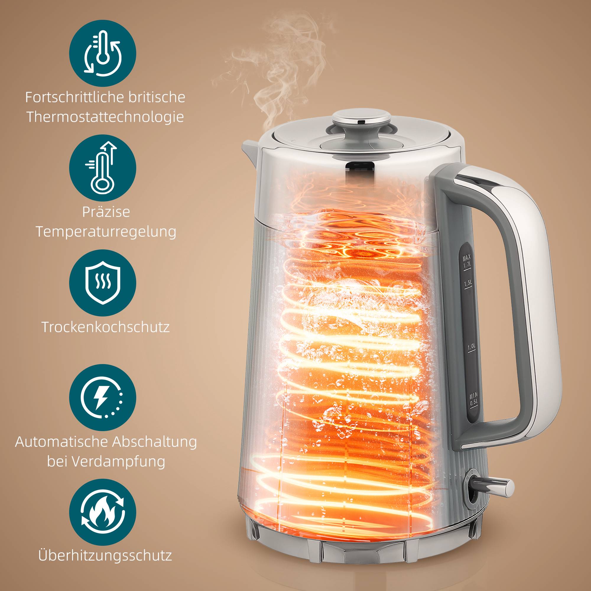 Vattenkokare 1,7L 2200W & Brödrost för 4 skivor, Grå