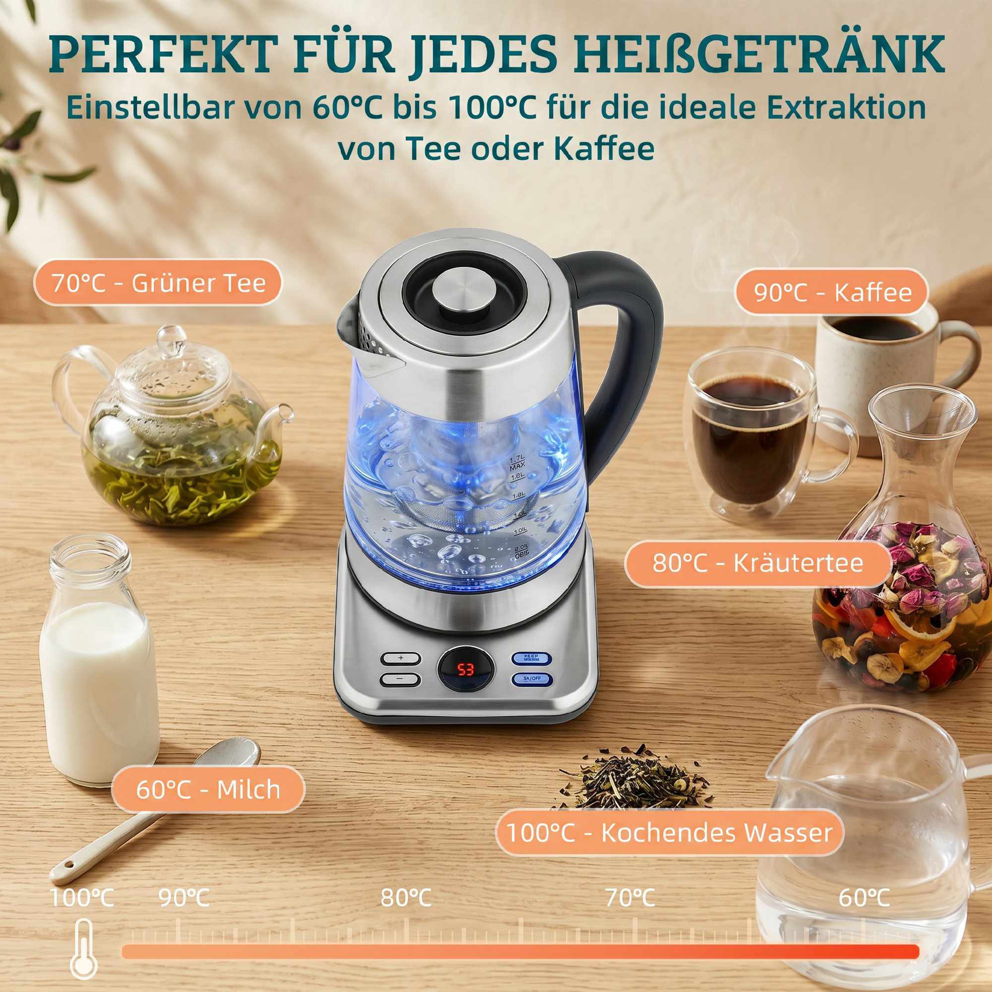 Vattenkokare 1,7 l, 2200 W, glas, Strix termostat, tebryggare
