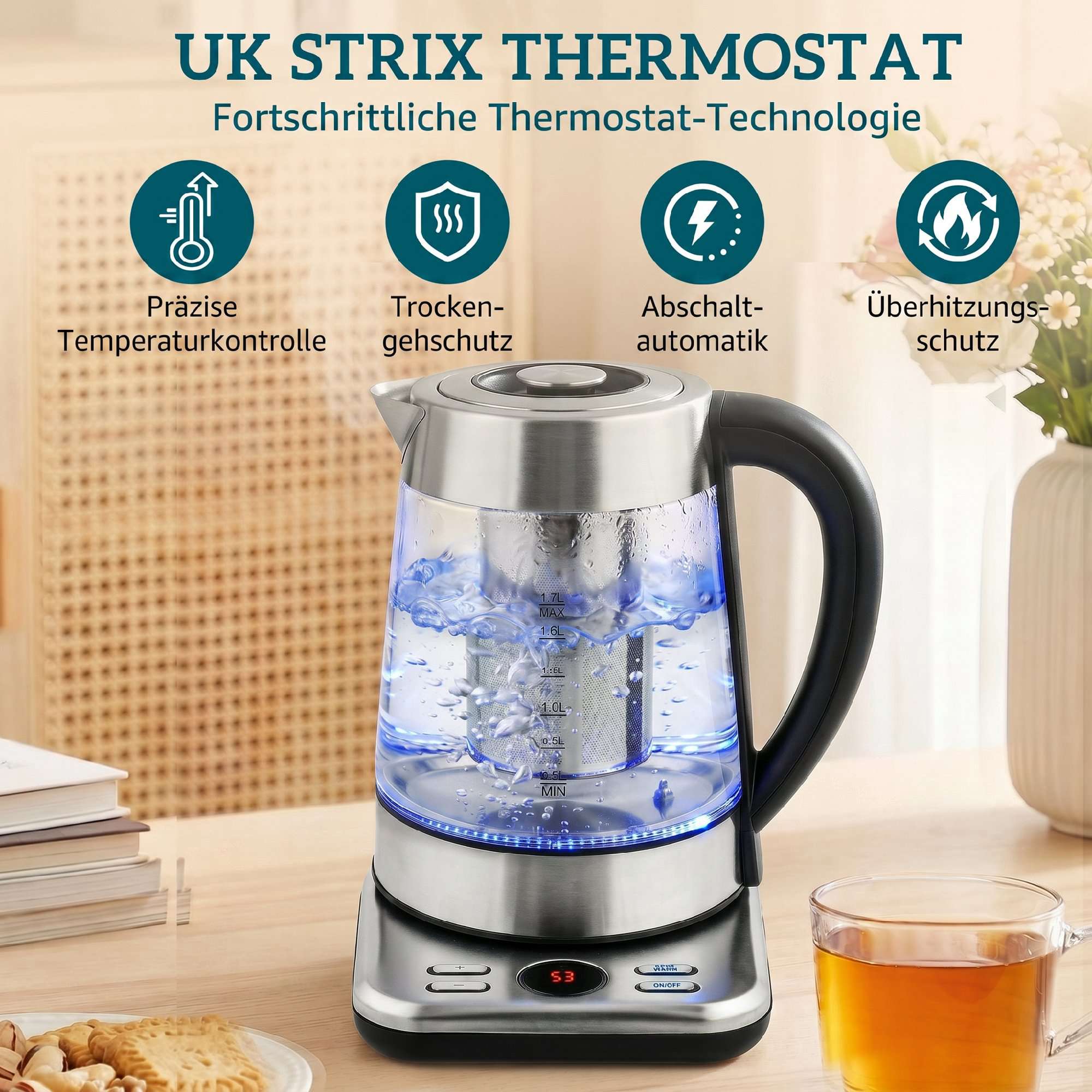 Vattenkokare 1,7 l, 2200 W, glas, Strix termostat, tebryggare