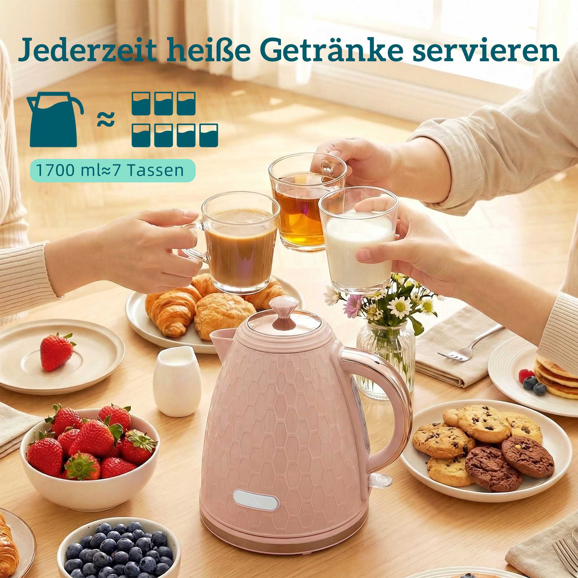 Vattenkokare och brödrostset, 1,7 l snabbkokning, 2 skivor, rosa