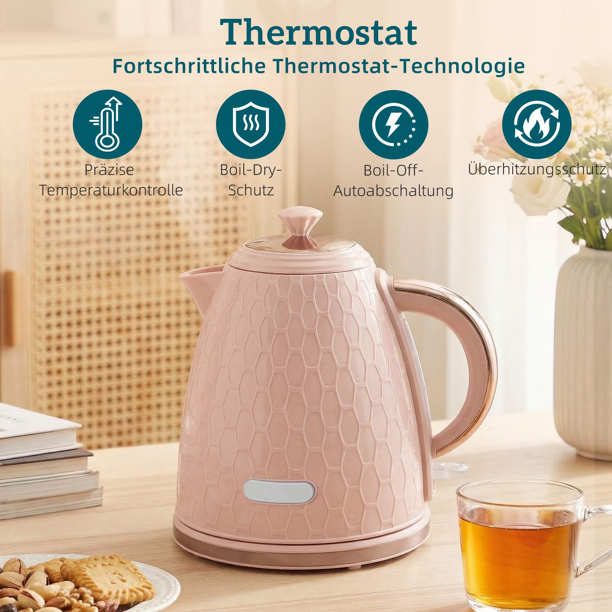 Vattenkokare och brödrostset, 1,7 l snabbkokning, 2 skivor, rosa