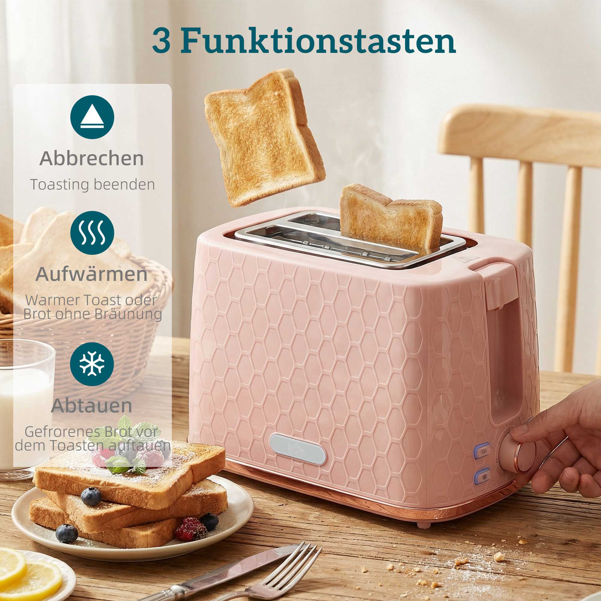 Vattenkokare och brödrostset, 1,7 l snabbkokning, 2 skivor, rosa