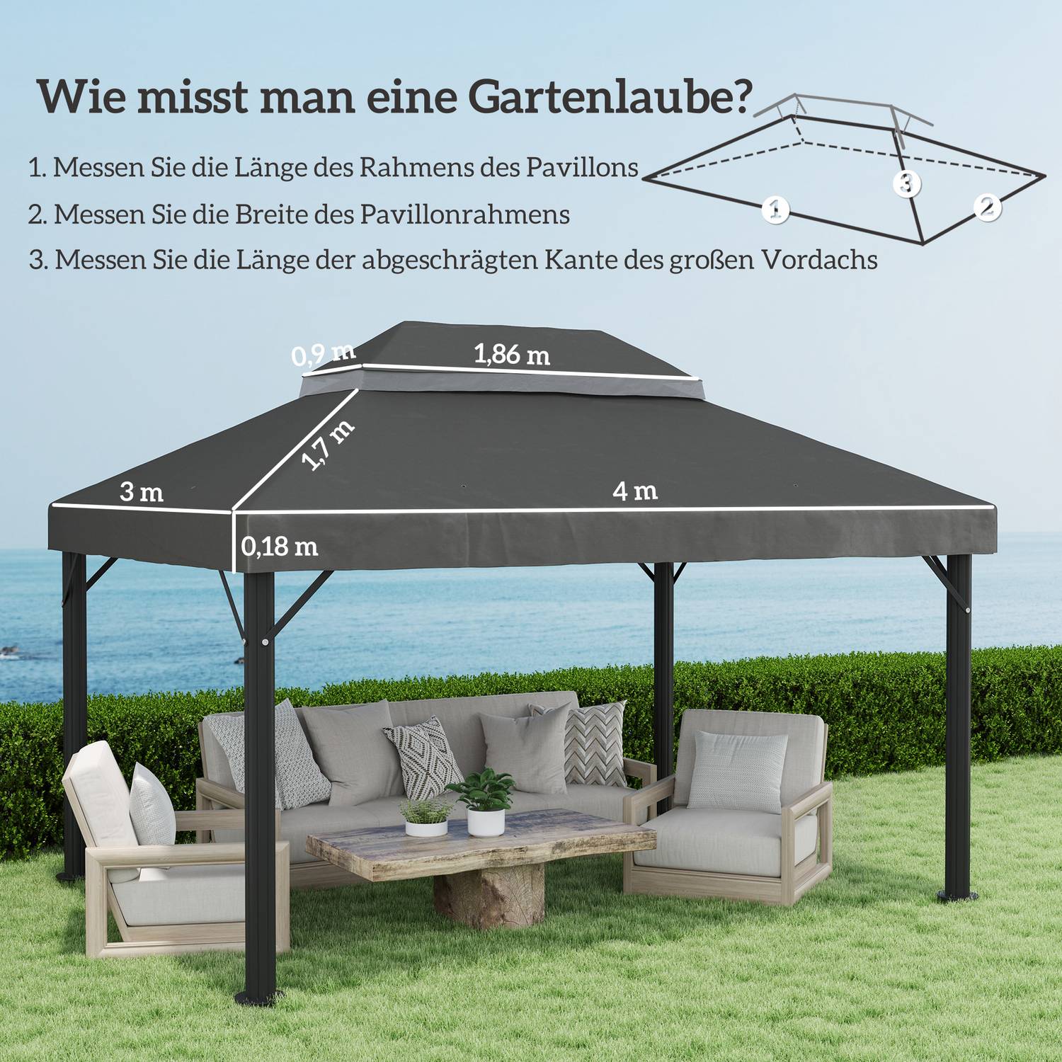 Vattentät 3x4m Gazebo takbyte, mörkgrå
