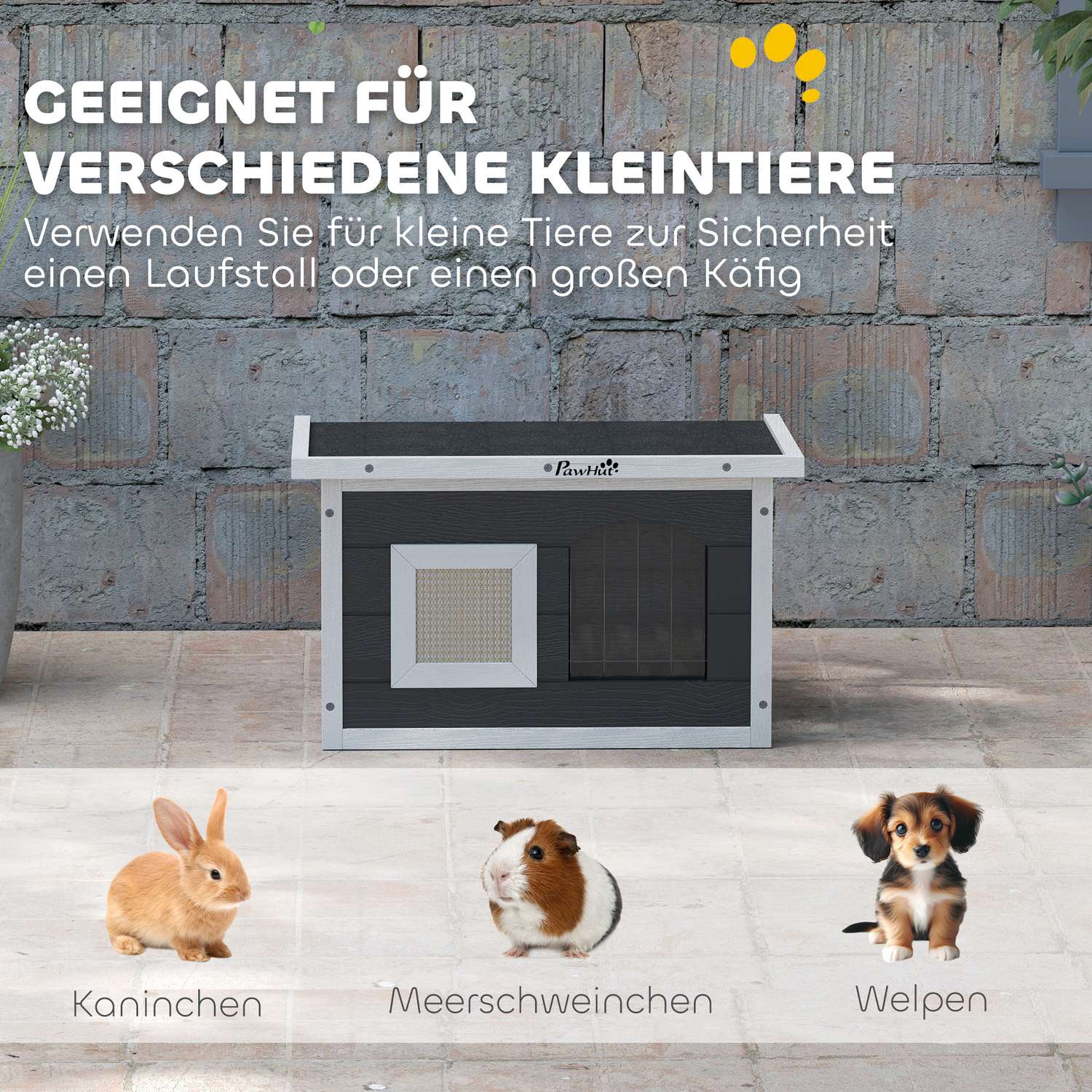 Väderbeständigt grått träkatthus med skrapmatta