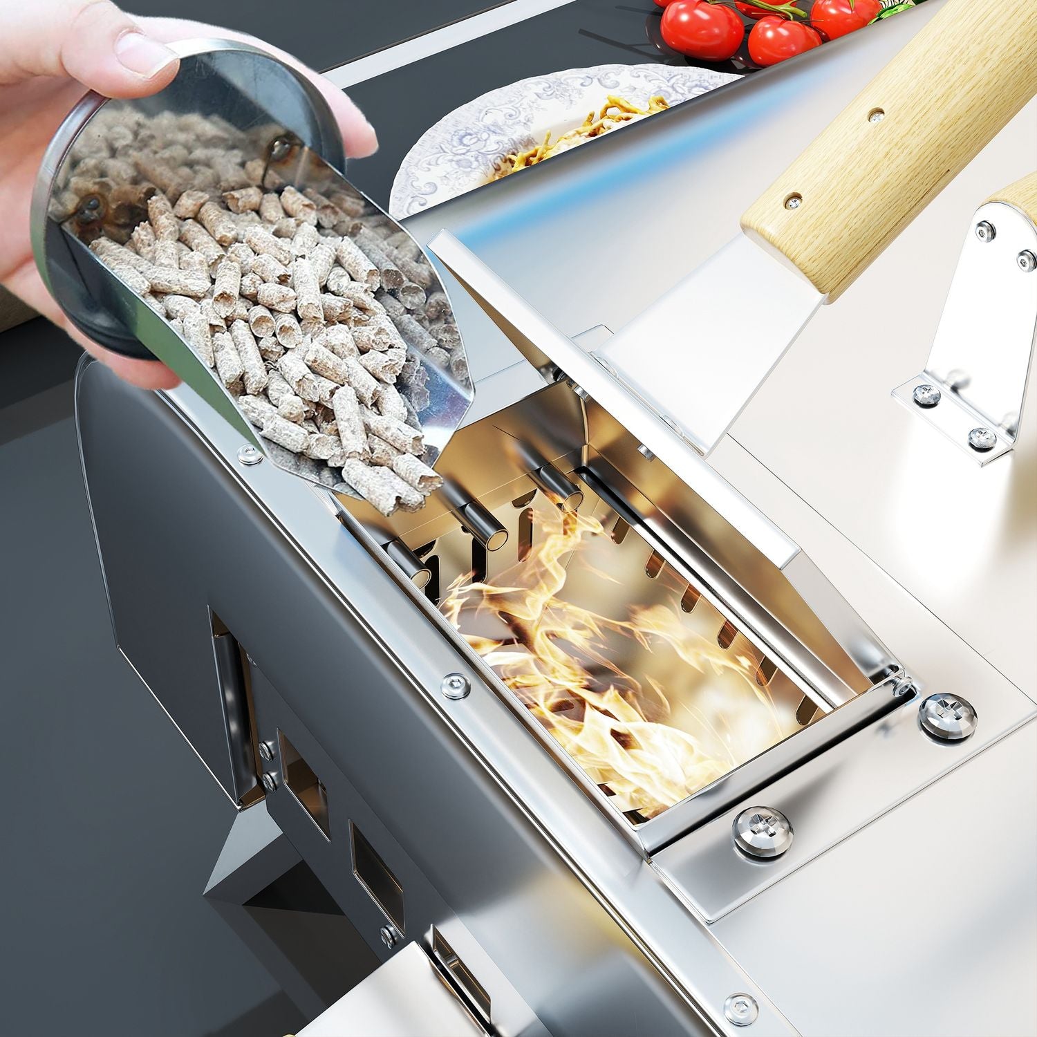 Vedeldad pizzaugn i rostfritt stål med sten, bärbar