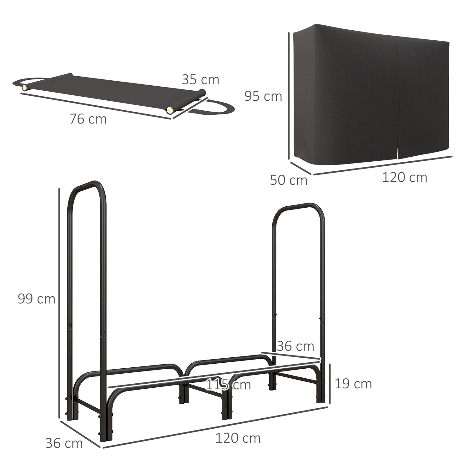 Vedställ, 0,33 m³, med bärväska & lock, metallram, upp till 150 kg, 120 x 36 x 99 cm, svart