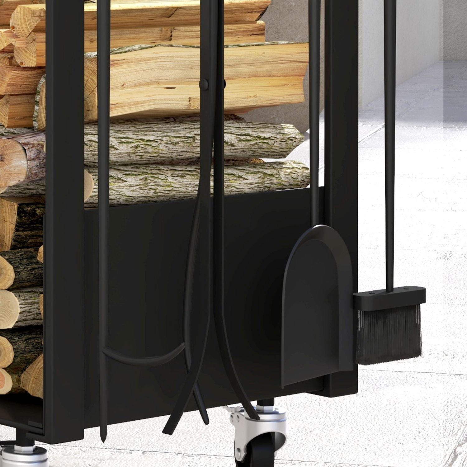 Vedställ i metall med hjul och verktyg, svart, 48x30x76 cm