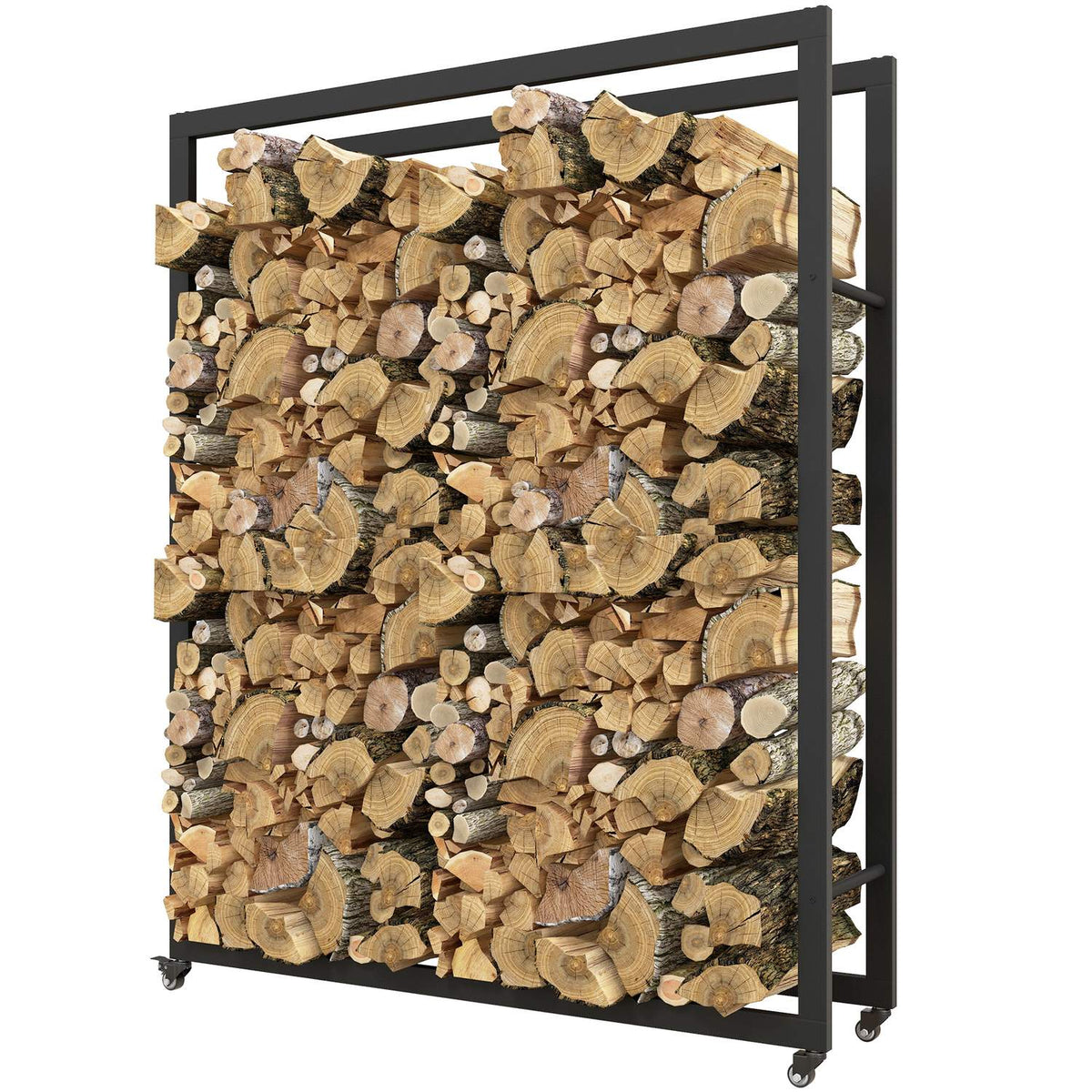 Vedställ med hjul, mobil, metallram, upp till 150 kg, 120 x 32 x 151 cm, svart
