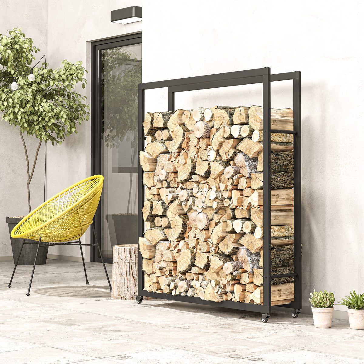 Vedställ med hjul, mobil, metallram, upp till 150 kg, 120 x 32 x 151 cm, svart