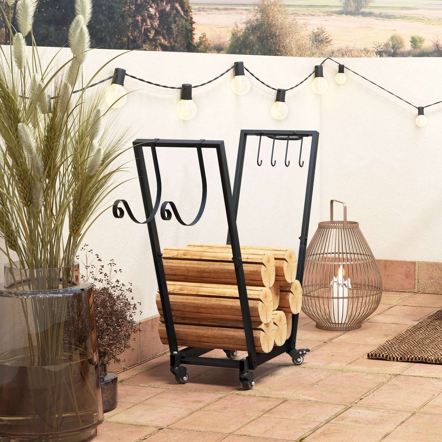 Vedställ med hjul, svart metall, 79x30x81 cm