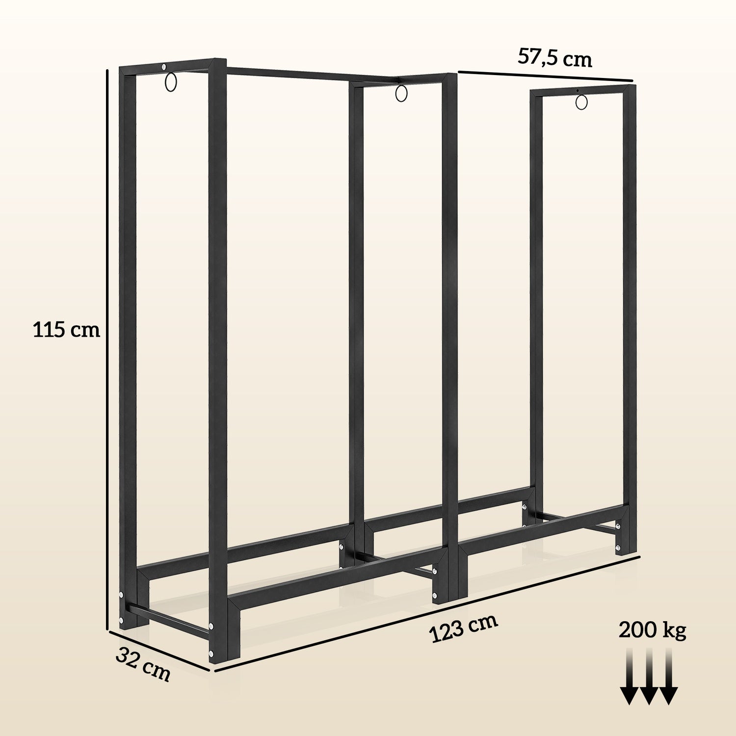 Vedställ, två sektioner, ram i rostfritt stål, upp till 200 kg, 123 x 32 x 115 cm, svart
